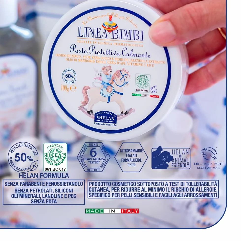 Helan, Linea Bimbi Bio – kojąca pasta ochronna, krem na pieluchy, zaczerwienienia i podrażnienia, ochronna pasta nawilżająca z aloesem, woskiem pszczelim, witaminą C i E, Made in Italy, 100 g