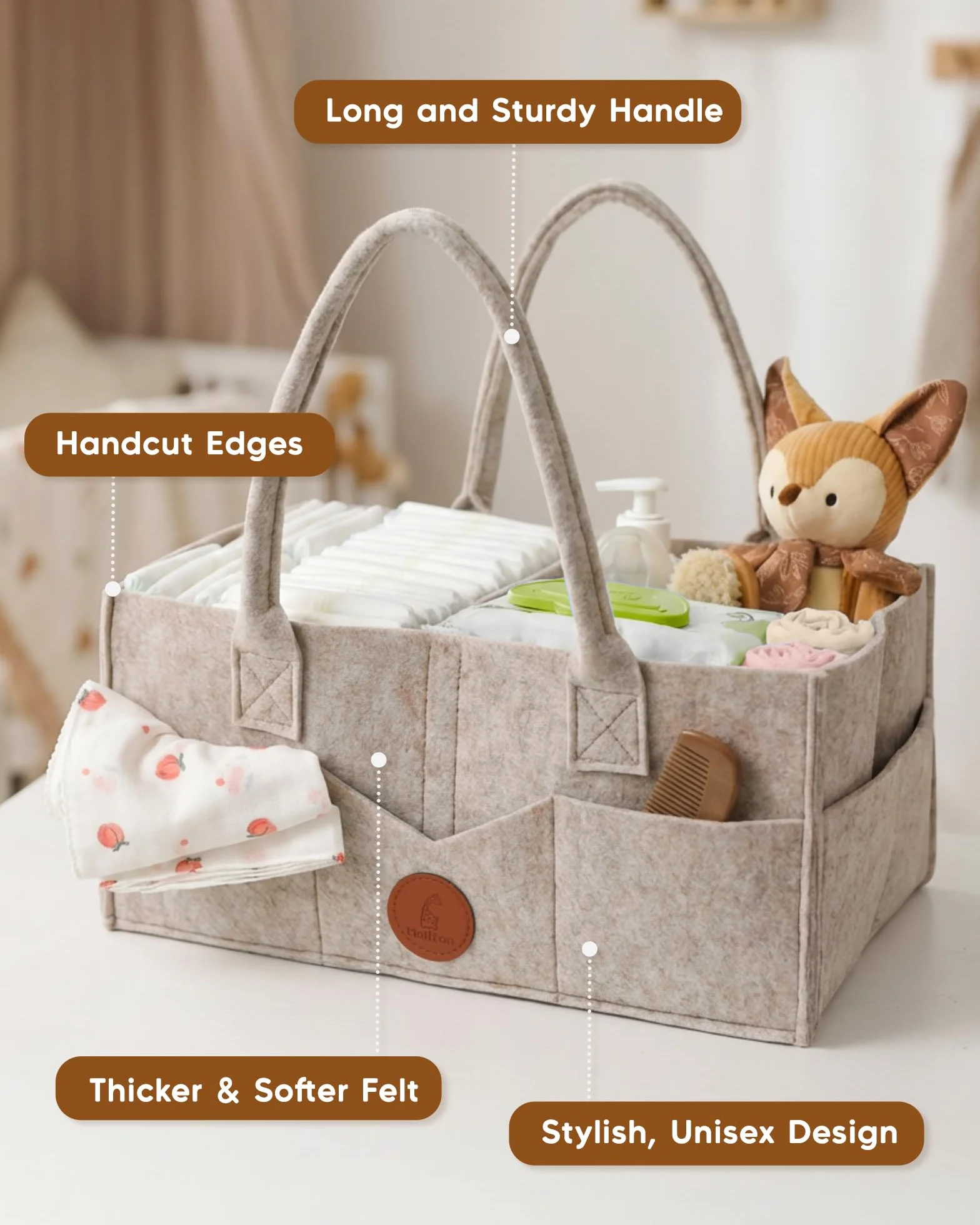 Maliton Organizer do przewijaka, Organizer do pieluch dla niemowląt Caddy Newborn Essentials, wytrzymała, przenośna torba filcowa, kosz do przechowywania dla niemowląt z wyjmowanymi przegródkami