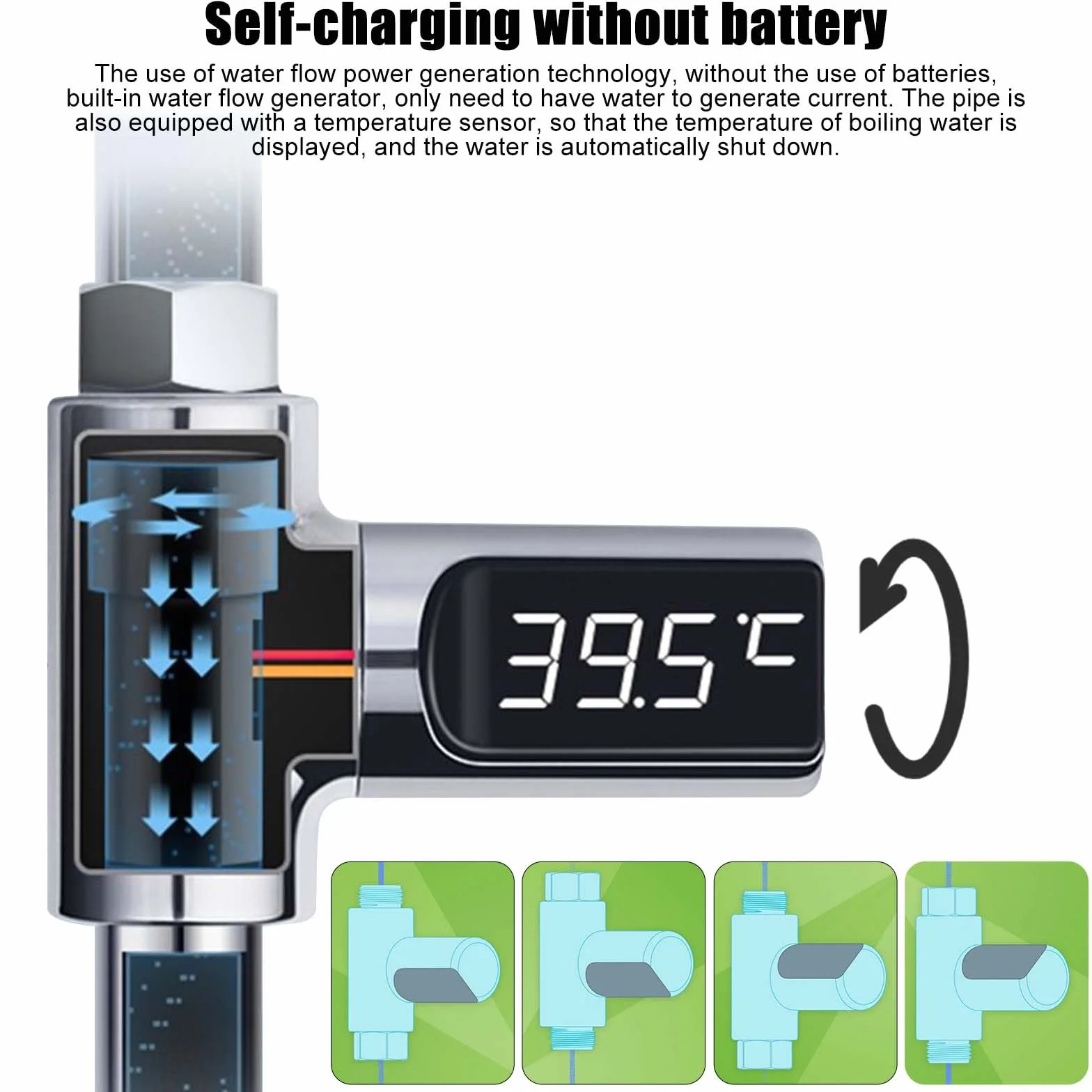 Molbory Cyfrowy termometr łazienkowy LED 5 – 85 ℃ w czasie rzeczywistym, przepływ wody z obrotowym ekranem o 360°, termometr do wody dla dzieci, termometr pod prysznic