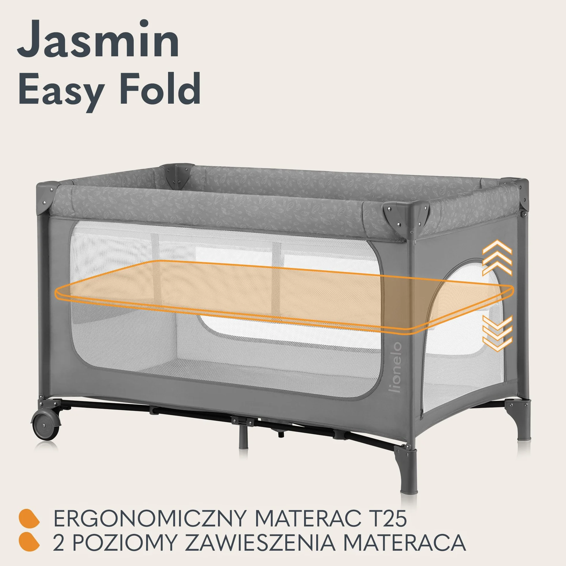 LIONELO Jasmin Easy Fold Łóżeczko Turystyczne Dziecięce do 15 kg od 0 do 36 miesięcy Piankowy Materac T25, 2 Poziomy Wysokości, Szybkie Składanie Easy Fold, Boczne Wejście, Kółka (Szary)