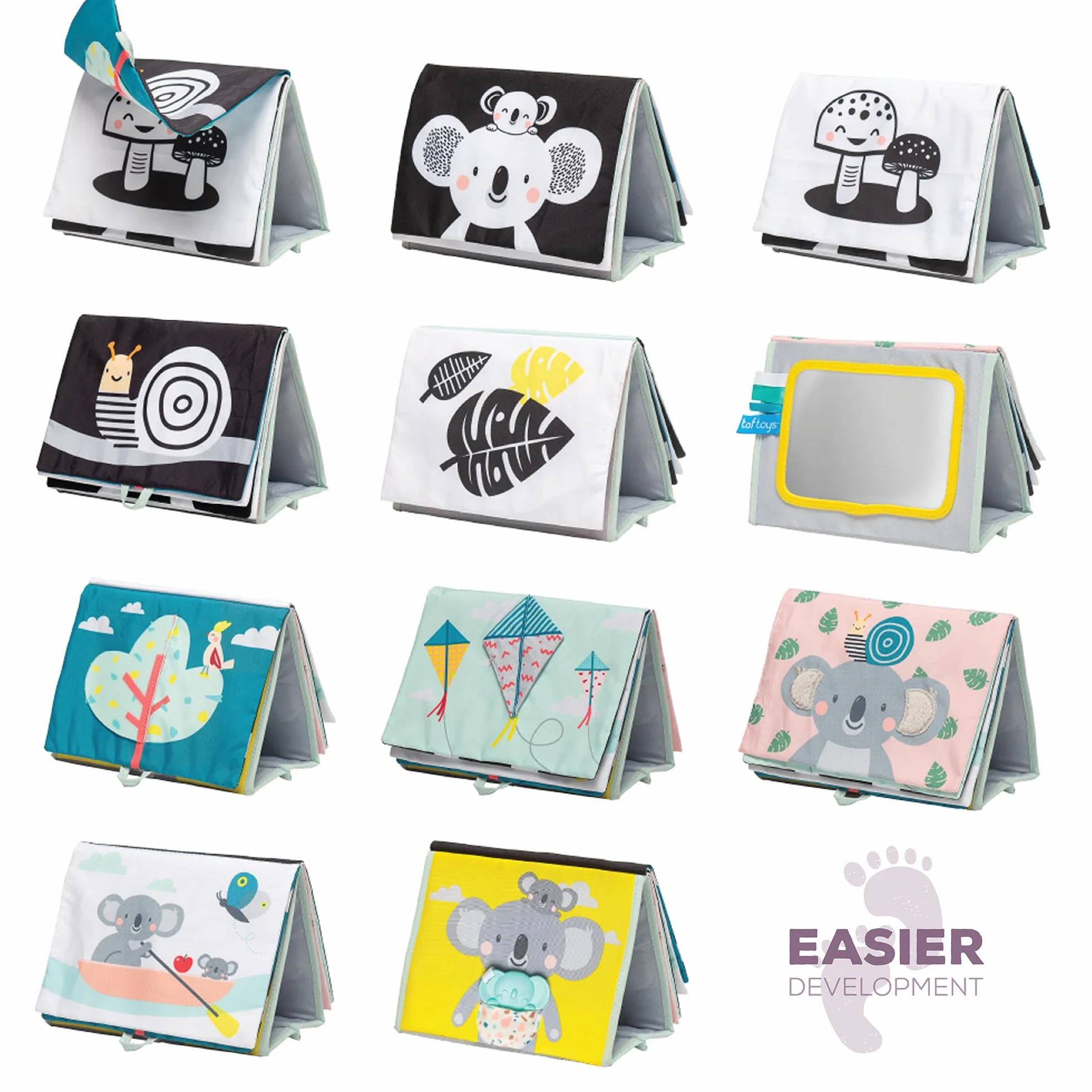 Taf Toys Koala Infant Tummy time Miękka dwustronna książka aktywności. Zawiera lusterko bezpieczne dla niemowląt, marszczone tekstury i miękki gryzak. 0 miesięcy +