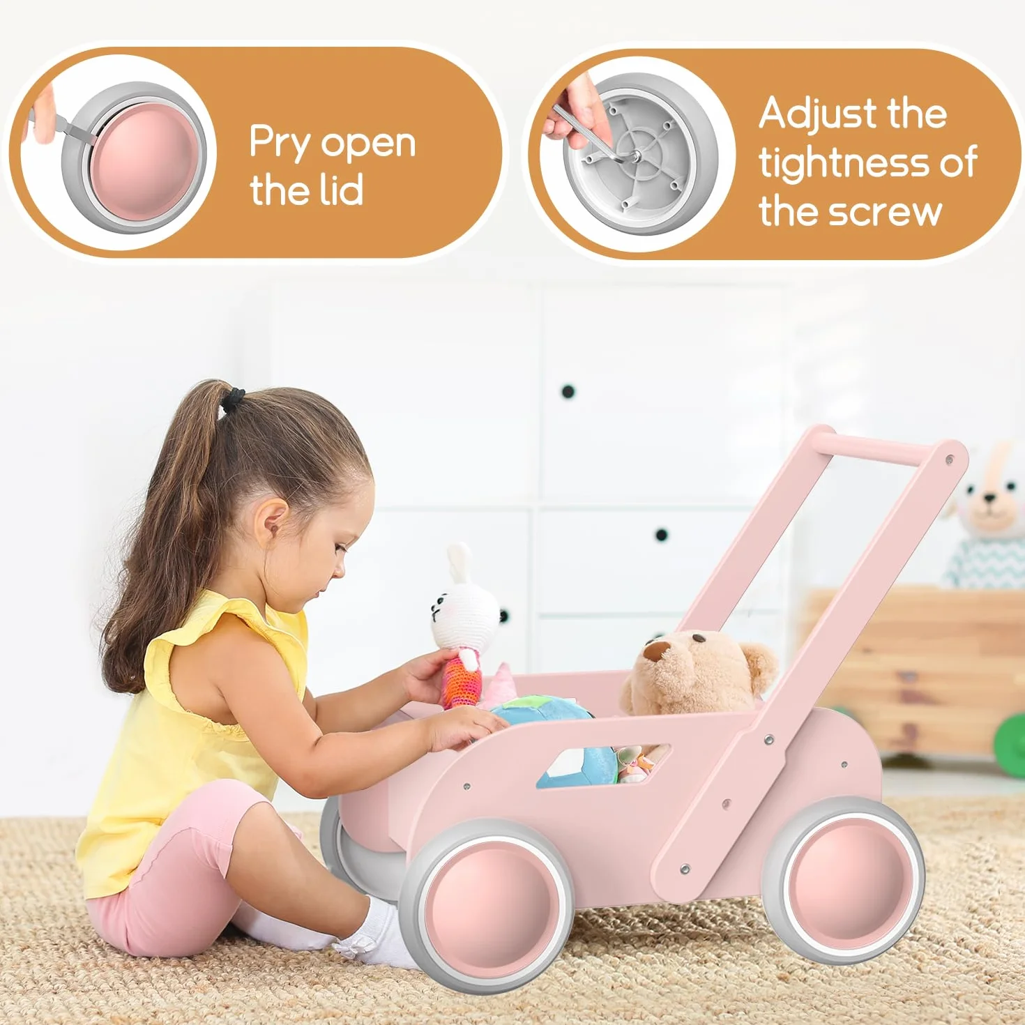 Różowy drewniany wózek do nauki chodzenia Baby Walker dla dzieci z kółkami