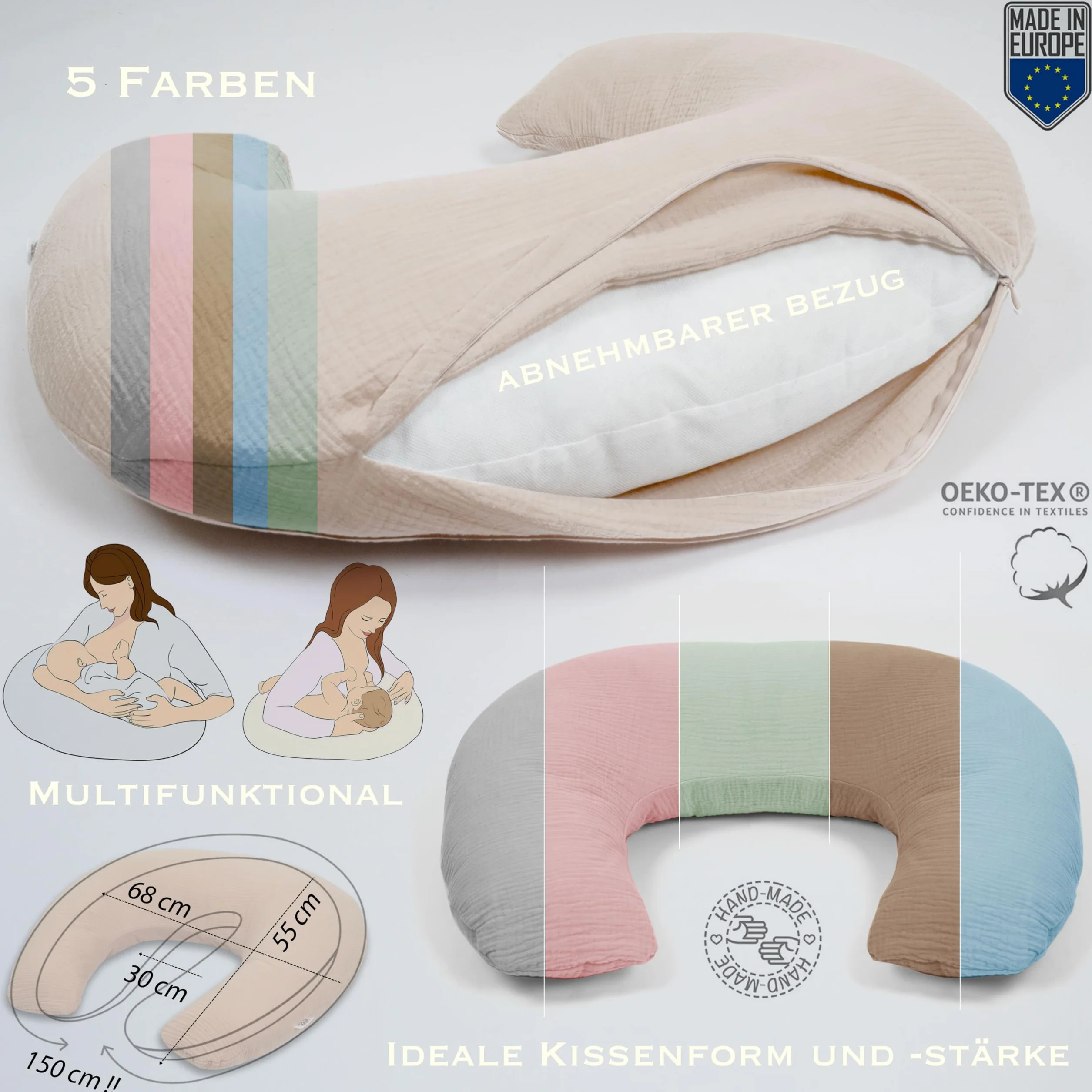 PaLulli® Muslinowa poduszka do karmienia piersią ze 100% bawełny muślinowej – poduszka do karmienia dla niemowląt, poduszka do karmienia dla niemowląt, oddychająca i nadająca się do prania, poduszka