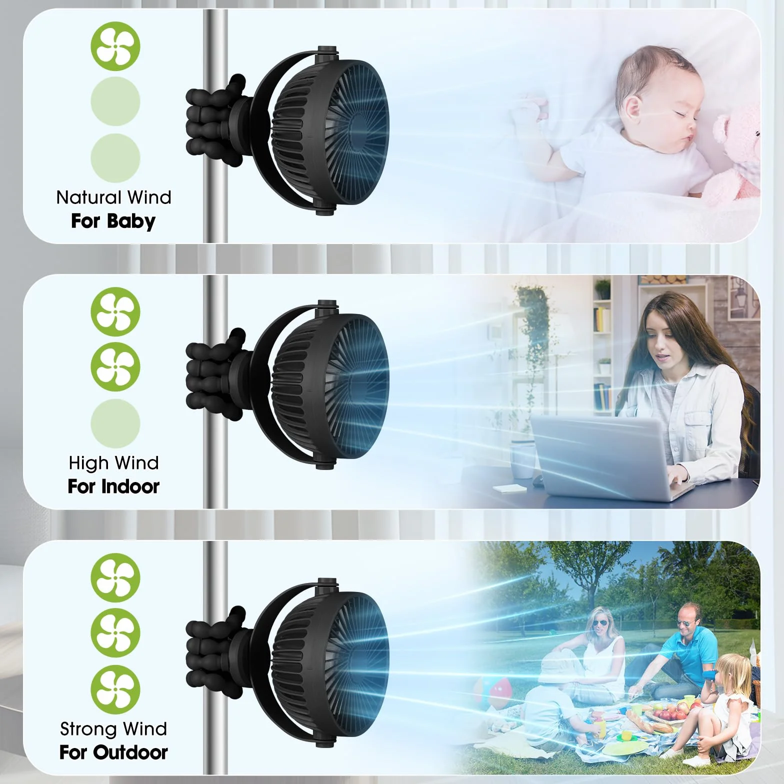 Wentylator do wózka POPERFUN 5200 mAh 40H, odłączany USB 360°, 3 prędkości, Czarny