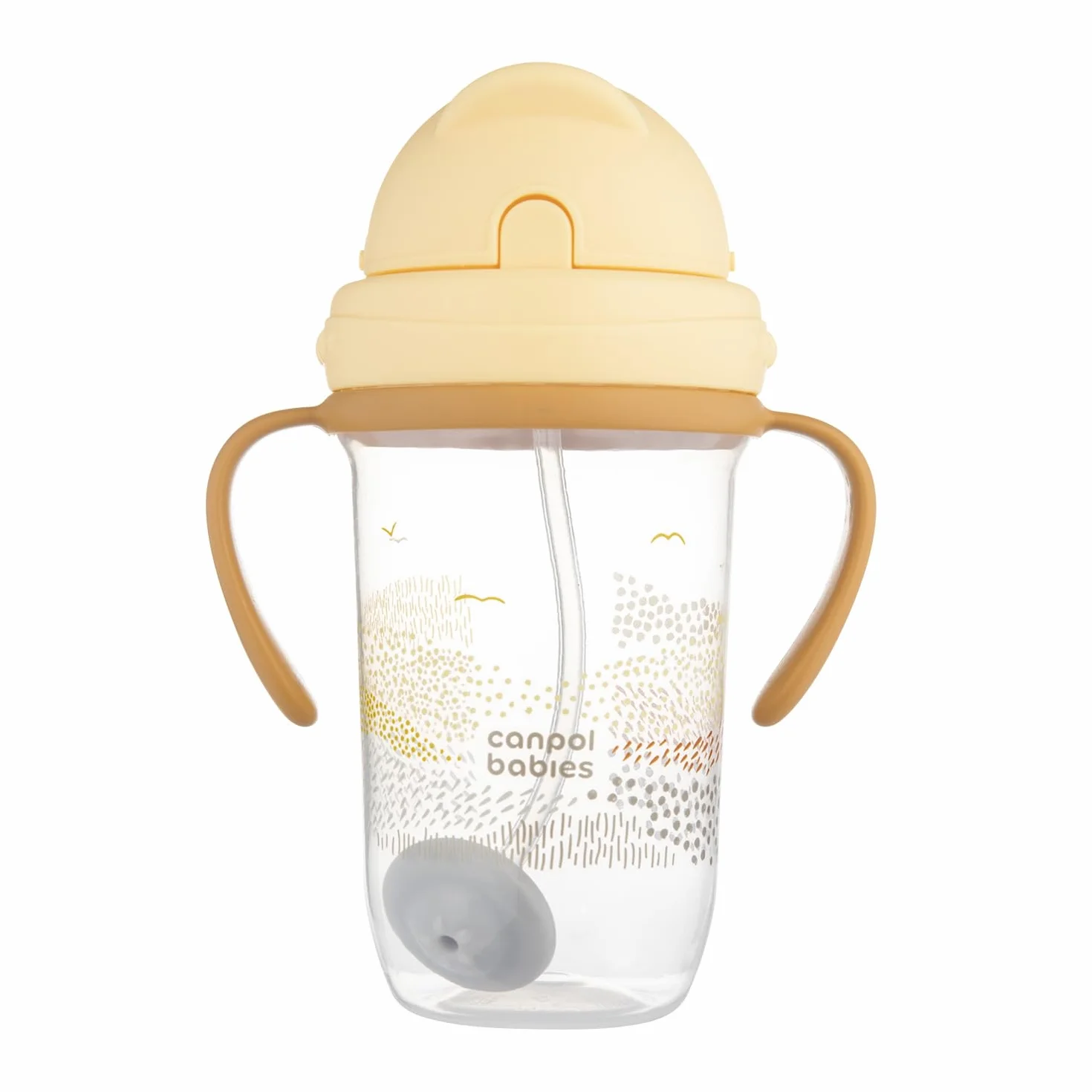Canpol babies Kubek niekapek z rurką i odważnikiem 270 ml, 6m+, Picie pod każdym kątem, Niekapiąca miękka silikonowa rurka, Szczelna pokrywka (Żółty MOUNTAINS)
