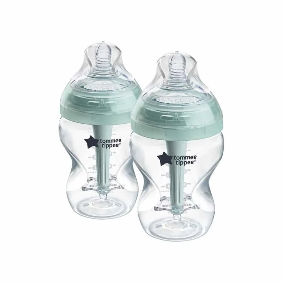 Tommee Tippee Antykolkowe butelki dla niemowląt, 260 ml, smoczek w kształcie piersi do naturalnego trzymania ust, antykolkowa rurka wentylacyjna. Zestaw 2 szt