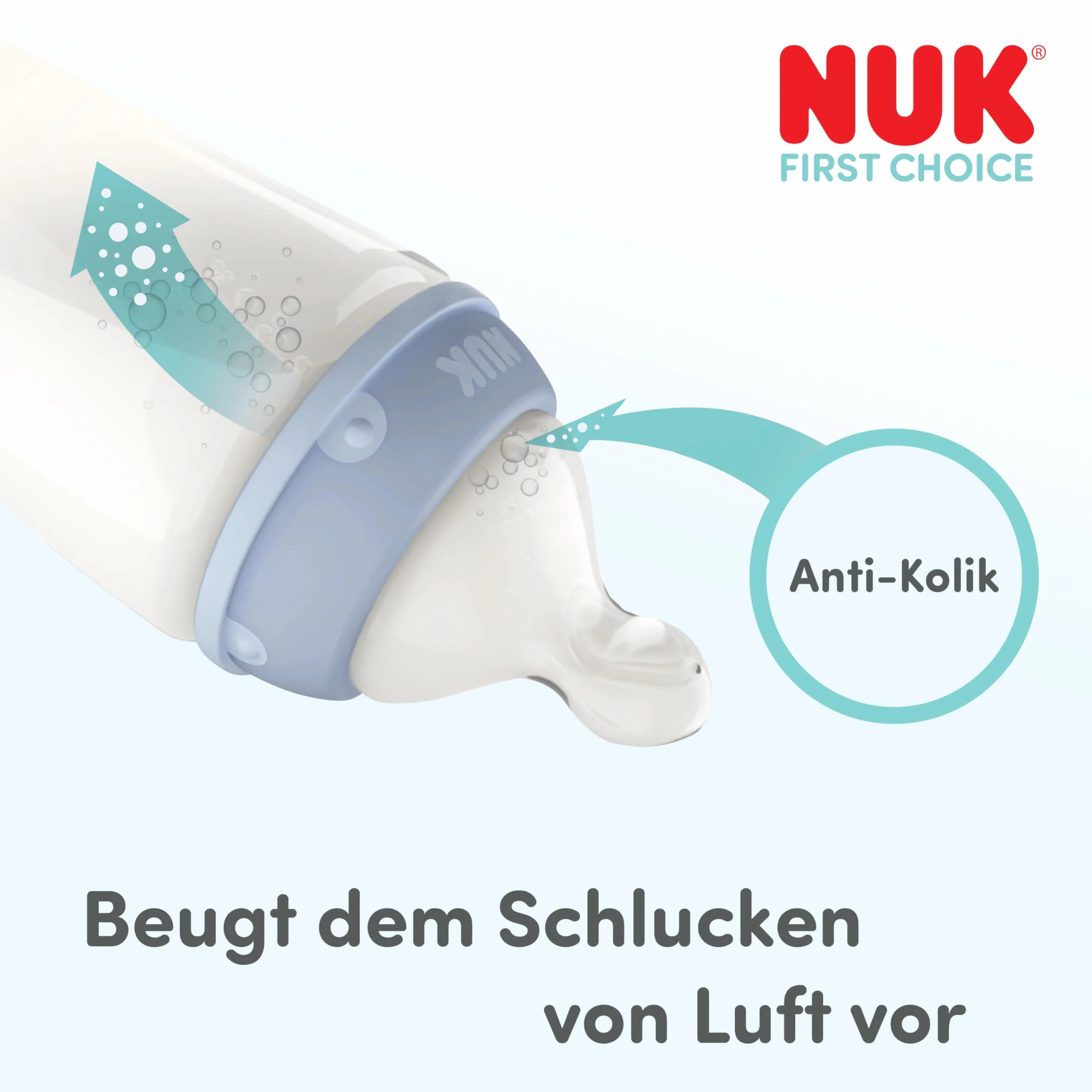 NUK First Choice Smoczki do butelek | 0+ miesięcy | Smoczki antykolkowe do butelek | Silikonowe | Małe | 2 sztuki