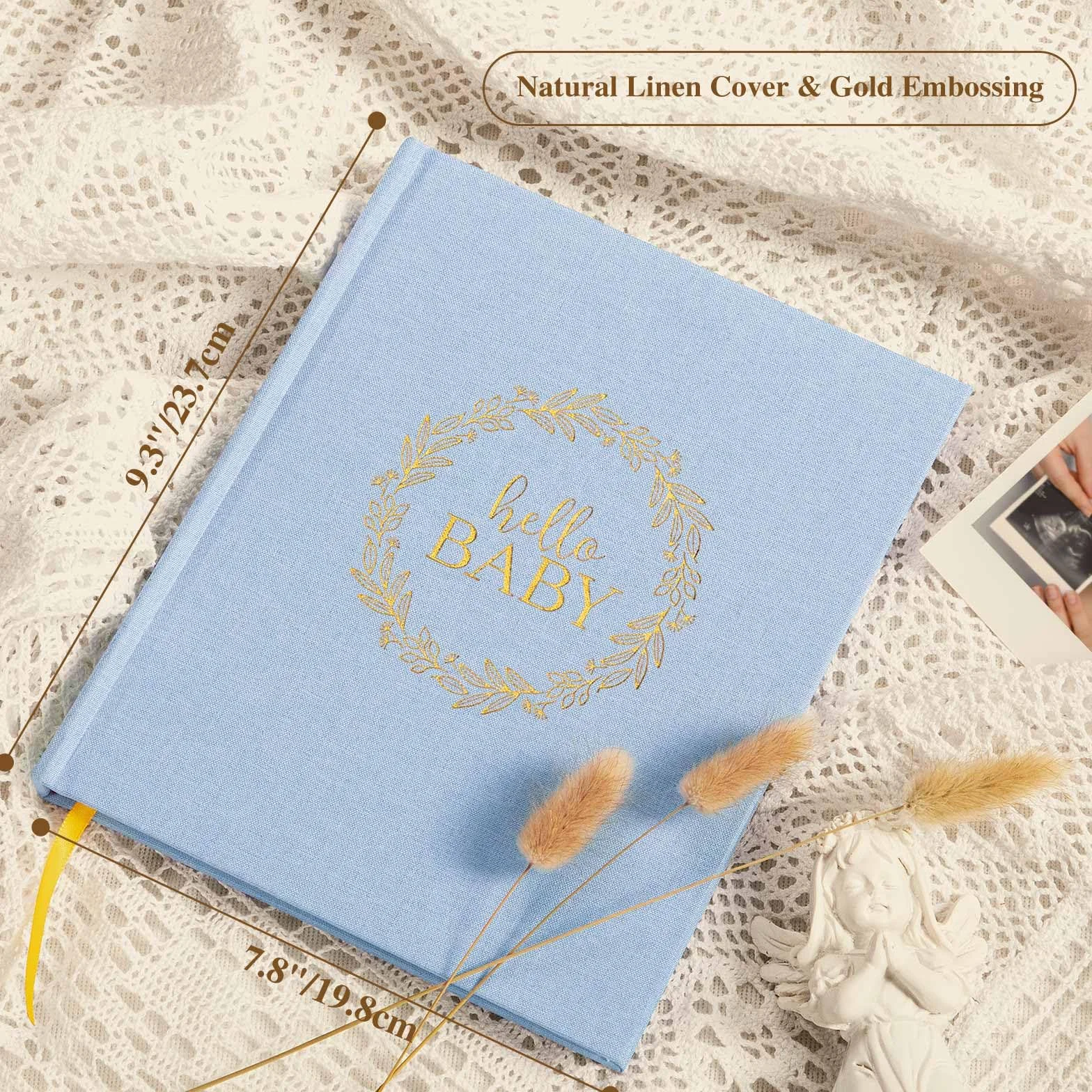 Lanpn Hello Baby książka pamiątkowa dla chłopca lub dziewczynki, lniana okładka, 5-letni, album fotograficzny, kamień milowy noworodka, pamiątka dla nowych rodziców (niebieski, 154 strony)